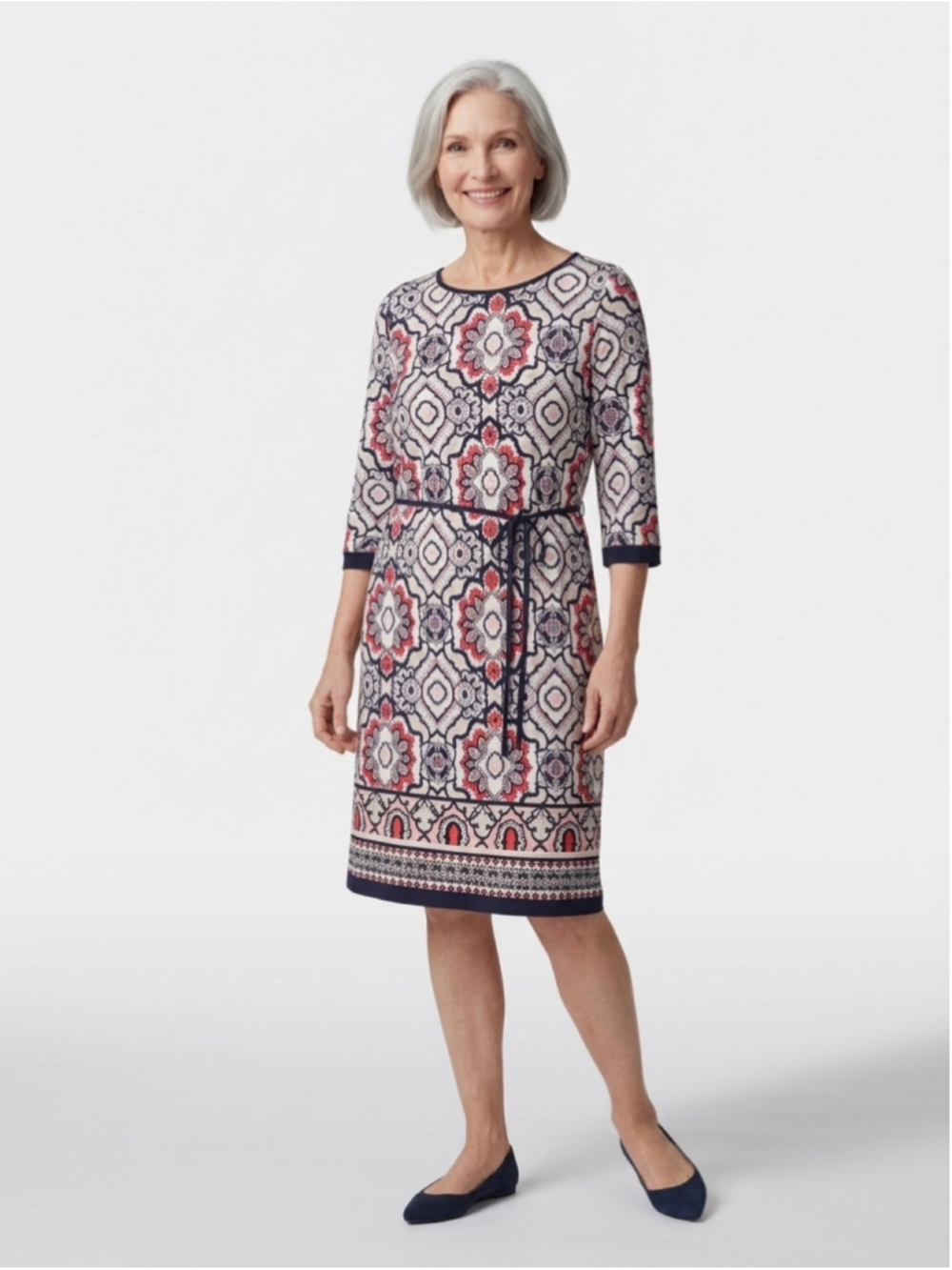 Women's Liz Claiborne Midi Dress Size L White Navy Red Geometric Print